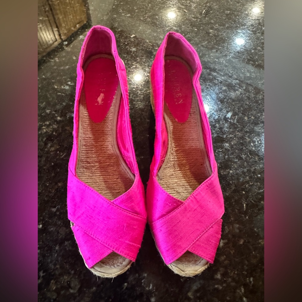 Lauren Ralph Lauren Cecilia Espadrille Wedge Pink Shantung Upper Size 8.5